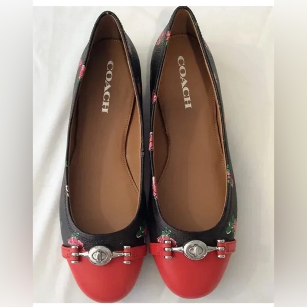 NWB Coach LEATHER Red and Brown Signature Leila Posey ballet Flats $165. Sz 9.5